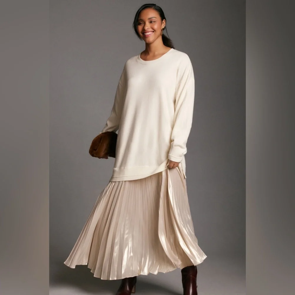 Anthropologie Long-Sleeve Crew Neck Mockable Pleated Maxi Jumper Dress - Picture 1 of 14